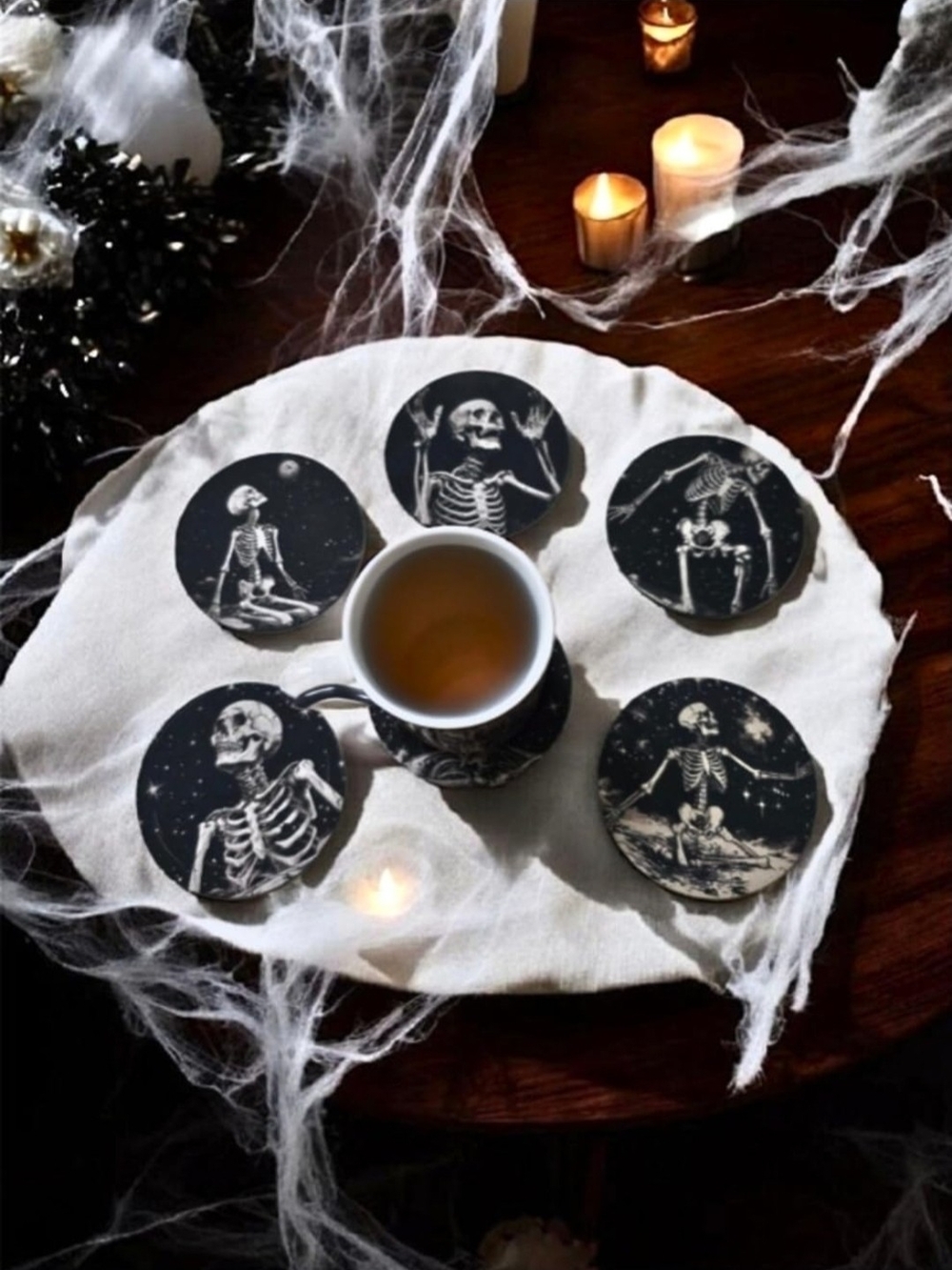 New Celestial Gothic Skeleton Round Drink Coasters Set of 6